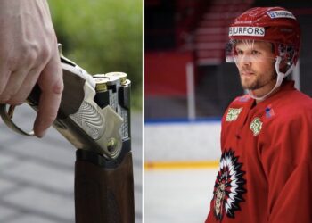 Pricksäker kille, Jacob Nilsson. I alla fall när han skjuter lerduvor. Nu vill han visa det även på isen med hockeyklubba. Foto: SASCHA LUEHR/PIXABAY (bössan), FRÖLUNDA (Nilsson).