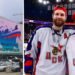 Texten på CSKA Moskvas banderoll lyder: "Ryssland är vårt land, Putin är vår president." Till höger Klas Dahlbeck och Adam Reideborn efter att CSKA vunnit Gagarin Cup.  Foto:  OLESJA USOVA och KHL (Twitter)