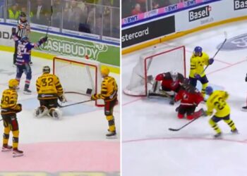 Robert Rosén nätar för Växjö mot Skellefteå. Otto Stenberg nätar för Sverige mot Kanada C. Foto: C MORE & IIHF (skärmdumpar)