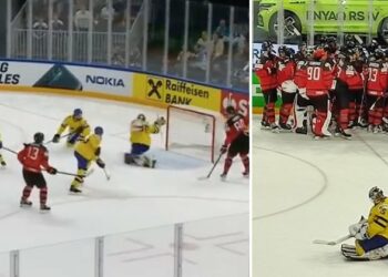Godnatt, Sverige. Till vänster tar VM slut, till höger har det just gjort det. Foto: IIHF och SZYMON SZEMBERG/TWITTER